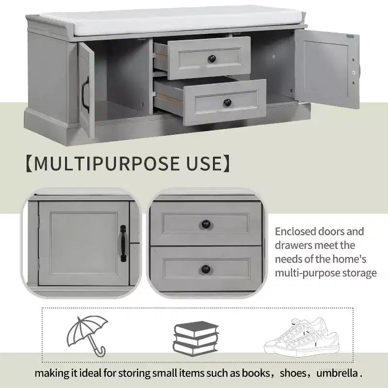 Banc de rangement avec 2 tiroirs et 2 placards, banc à chaussures avec coussin amovible pour salon et entrée, gris délavé