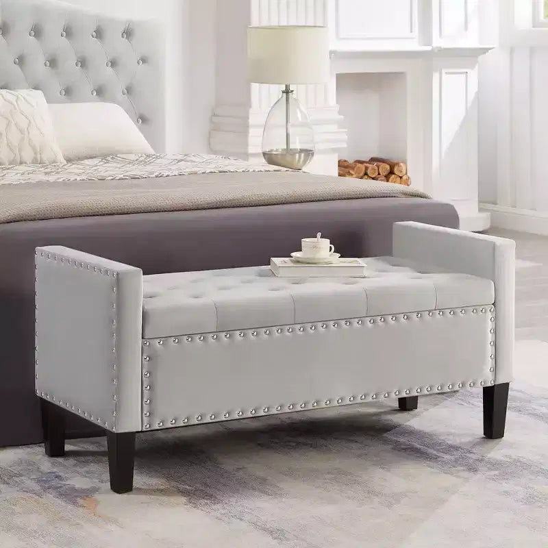 TUYOHW Upholstered Tufted Button Storage Bench with Nails Trim, Entryway Living Room Soft Padded Seat with Armrest, Gray