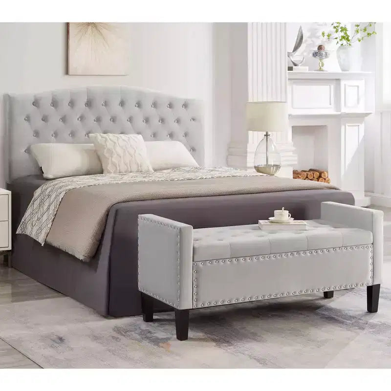 Banc de rangement capitonné avec boutons et clous décoratifs, siège rembourré doux avec accoudoirs pour entrée ou salon, gris