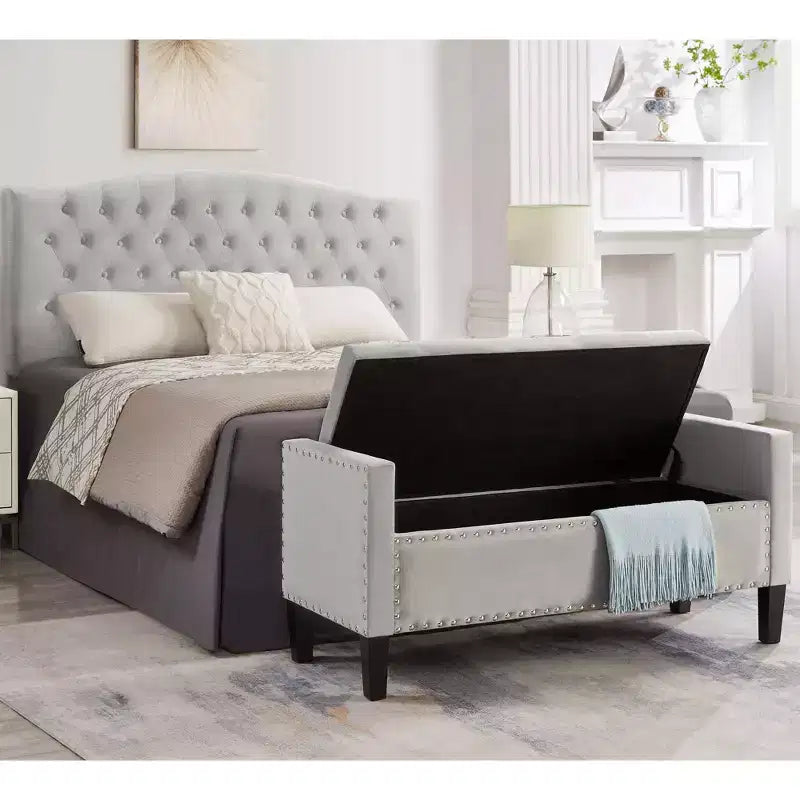 Banc de rangement capitonné avec boutons et clous décoratifs, siège rembourré doux avec accoudoirs pour entrée ou salon, gris
