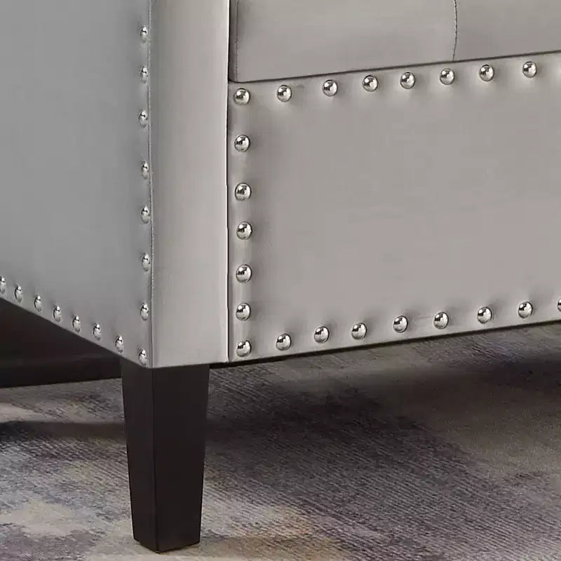 Banc de rangement capitonné avec boutons et clous décoratifs, siège rembourré doux avec accoudoirs pour entrée ou salon, gris