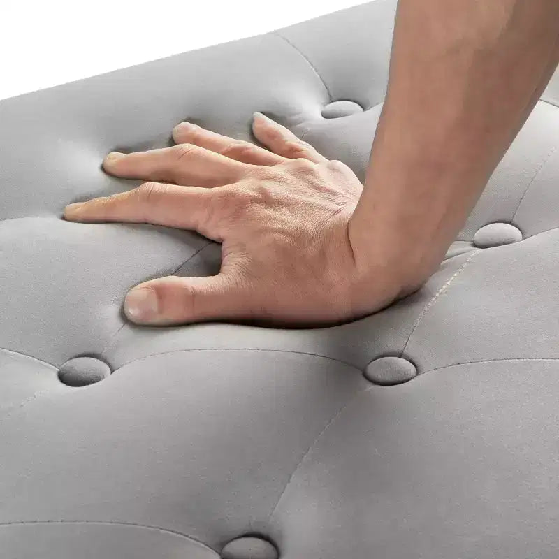 Banc de rangement capitonné avec boutons et clous décoratifs, siège rembourré doux avec accoudoirs pour entrée ou salon, gris