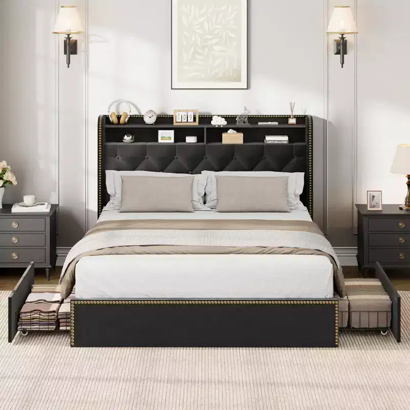 Upholstered Storage Bed Frame with 5 Drawers & Shelves Headboard, Black Velvet, No Box Spring Needed