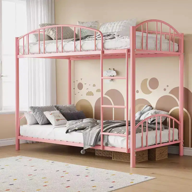 Metal Bunk Bed Twin Over Twin, Heavy Duty Bunkbeds Frame with Arched Guardrail and Safety Ladder, Sturdy Steel Bed for Kids Boys Girls, Pink