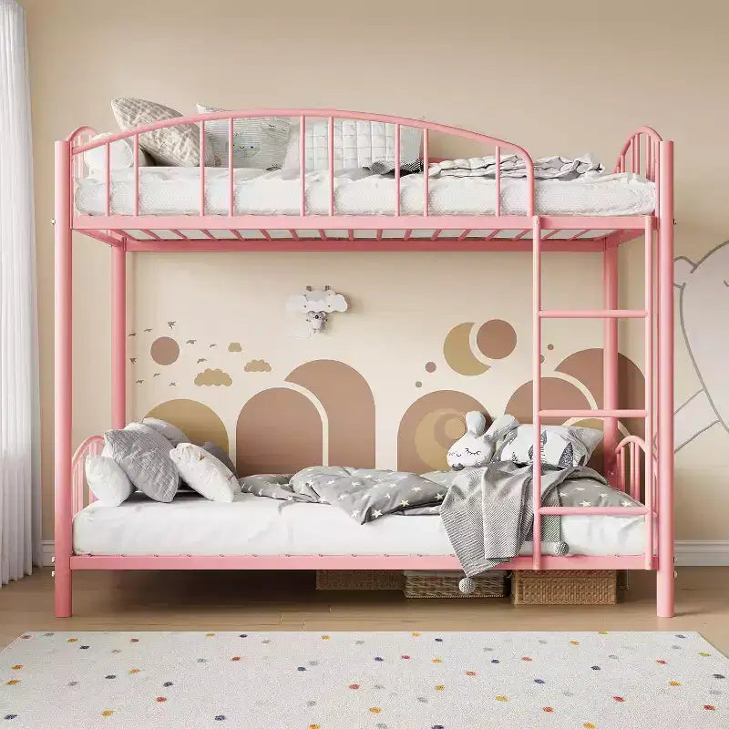 Lit superposé en métal une place sur une place, cadre superposé robuste avec garde-corps arqué et échelle de sécurité, lit en acier robuste pour enfants garçons filles, rose