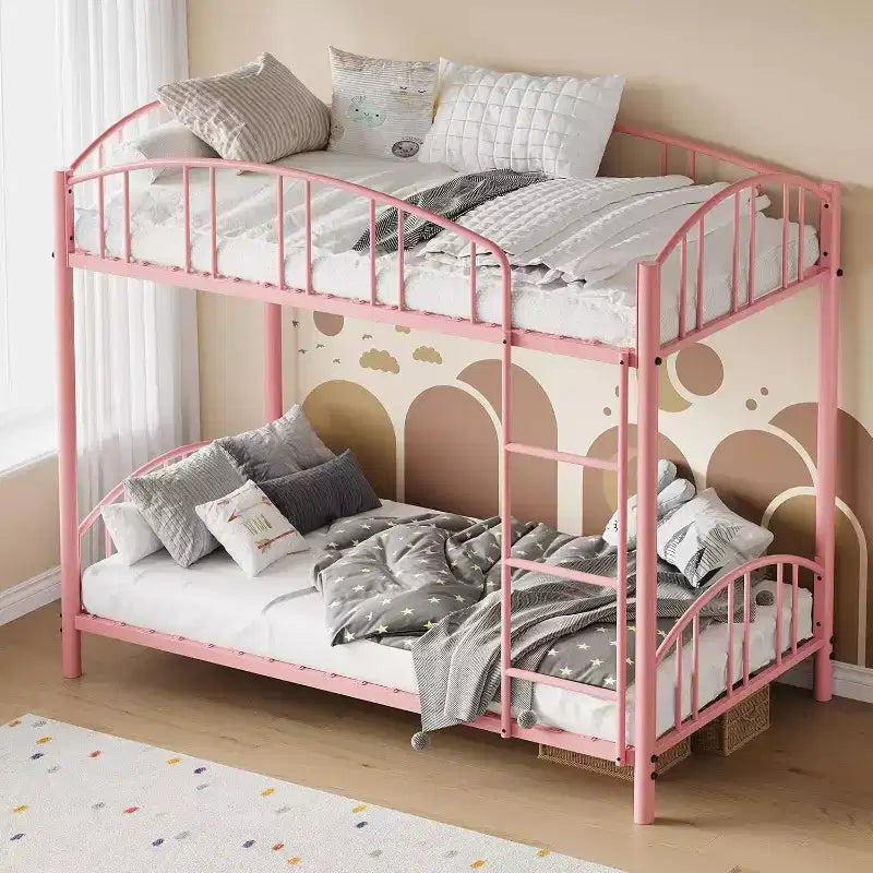 Lit superposé en métal une place sur une place, cadre superposé robuste avec garde-corps arqué et échelle de sécurité, lit en acier robuste pour enfants garçons filles, rose
