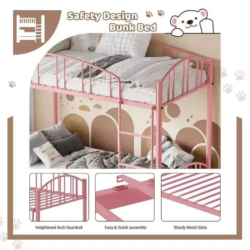 Lit superposé en métal une place sur une place, cadre superposé robuste avec garde-corps arqué et échelle de sécurité, lit en acier robuste pour enfants garçons filles, rose