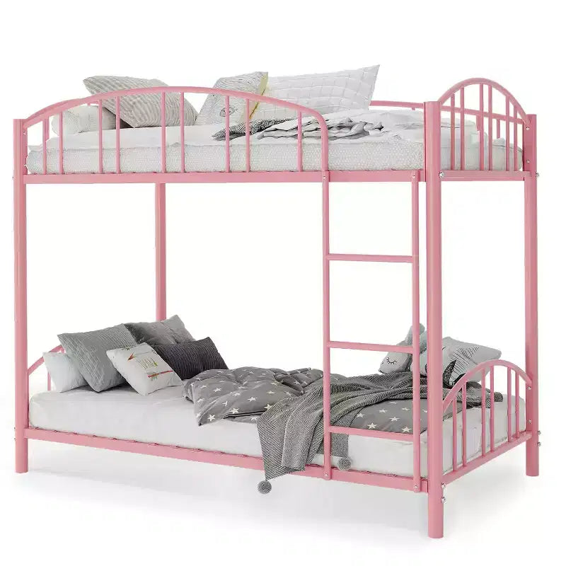 Lit superposé en métal une place sur une place, cadre superposé robuste avec garde-corps arqué et échelle de sécurité, lit en acier robuste pour enfants garçons filles, rose