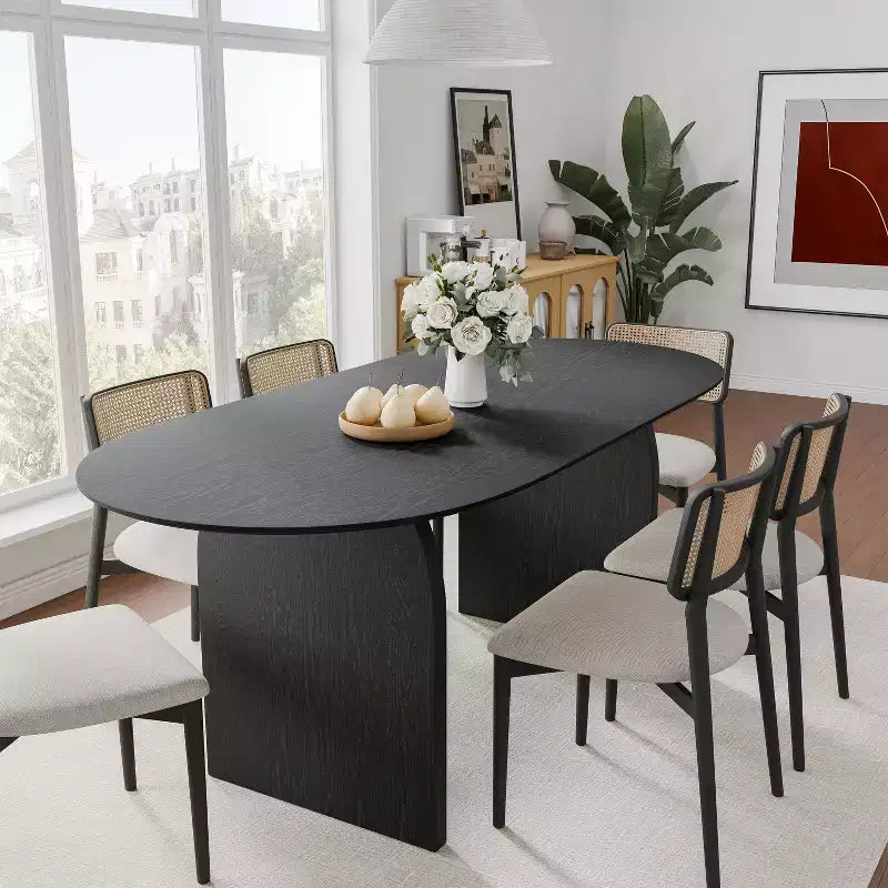Table à manger ovale noire de style ferme de 67 po pour 4 à 6 personnes avec pieds de table arqués ronds pour salle à manger et salon