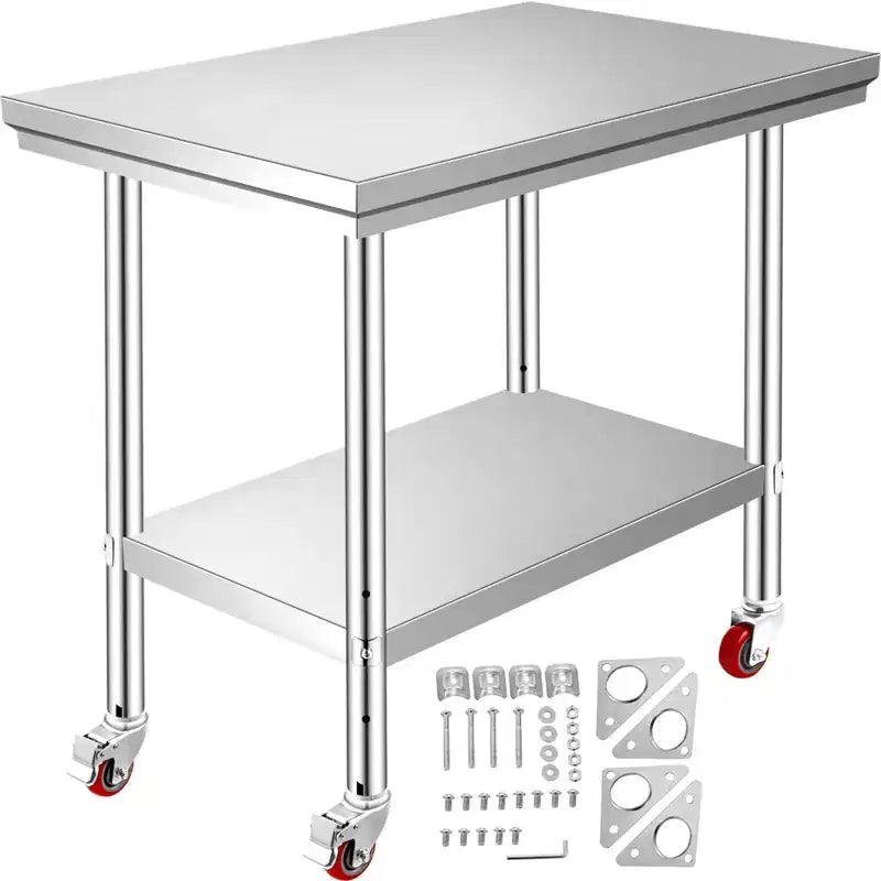 VEVOR Stainless Steel Work Table 24 x 18 x 34 Inch, 700 LBS Load Capacity with 4 Wheels, 3 Adjustable Height Levels, Silver