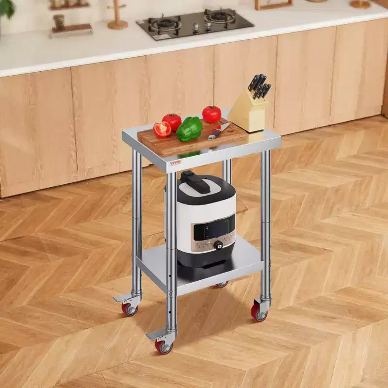 Table de travail en acier inoxydable 24 x 18 x 34 pouces, capacité de charge de 317,5 kg avec 4 roulettes, 3 niveaux de hauteur réglables, argent