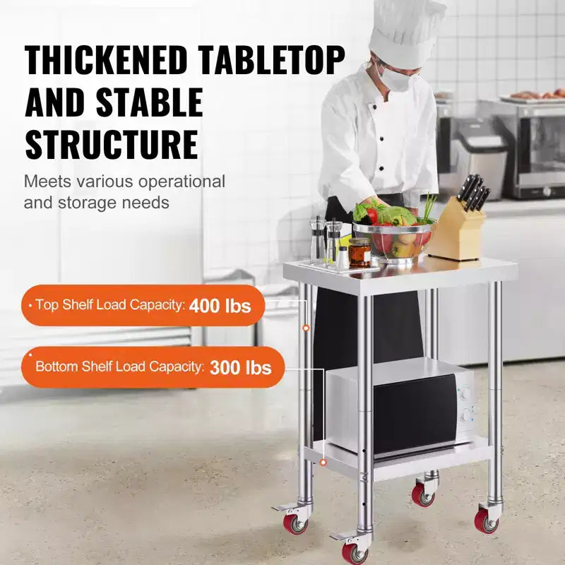 Table de travail en acier inoxydable 24 x 18 x 34 pouces, capacité de charge de 317,5 kg avec 4 roulettes, 3 niveaux de hauteur réglables, argent