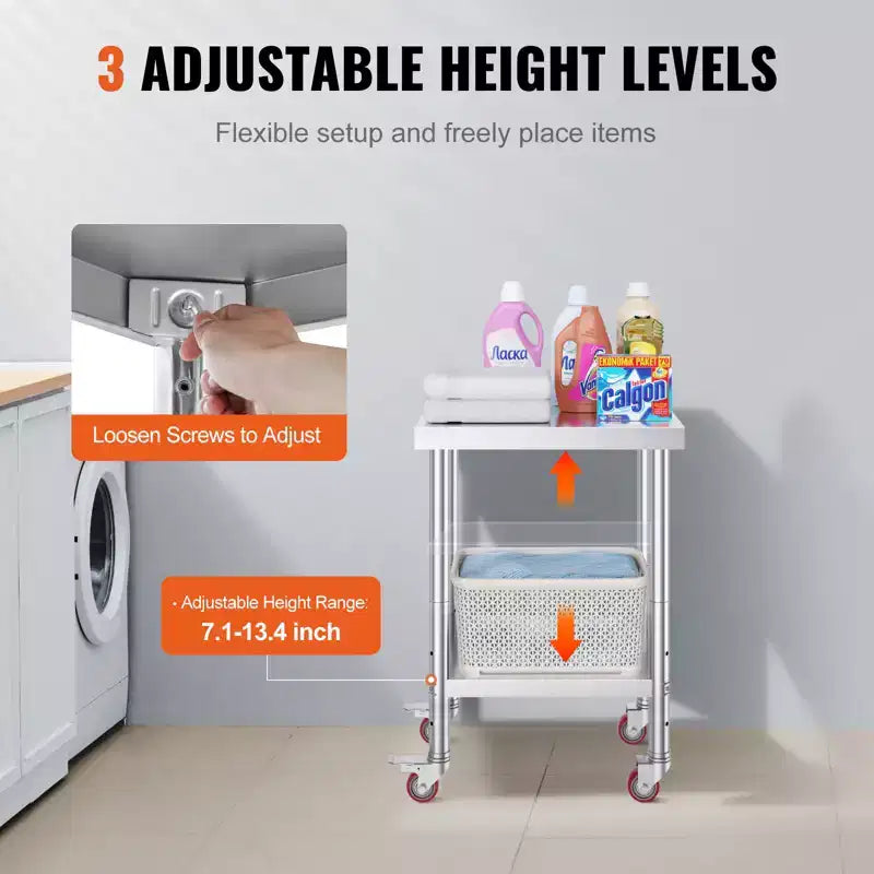 Table de travail en acier inoxydable 24 x 18 x 34 pouces, capacité de charge de 317,5 kg avec 4 roulettes, 3 niveaux de hauteur réglables, argent