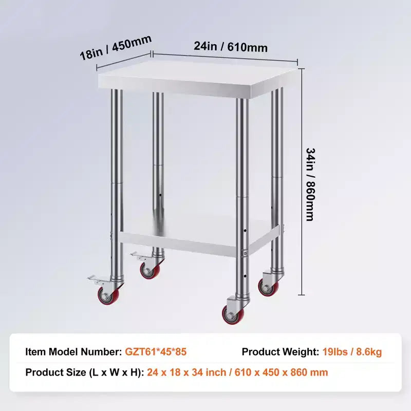 Table de travail en acier inoxydable 24 x 18 x 34 pouces, capacité de charge de 317,5 kg avec 4 roulettes, 3 niveaux de hauteur réglables, argent