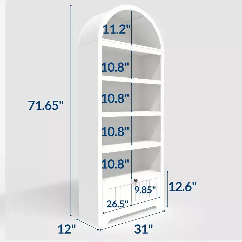Étagère à livres cintrée de ferme de 71 pouces avec 6 niveaux, tiroir et armoire de rangement, bibliothèque moderne à affichage ouvert pour salon, bureau ou cuisine