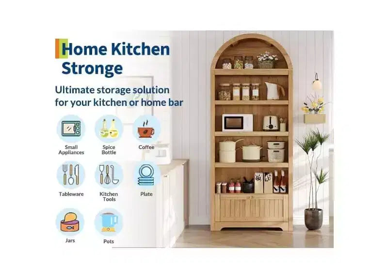 Étagère à livres cintrée de ferme de 71 pouces avec 6 niveaux, tiroir et armoire de rangement, bibliothèque moderne à affichage ouvert pour salon, bureau ou cuisine
