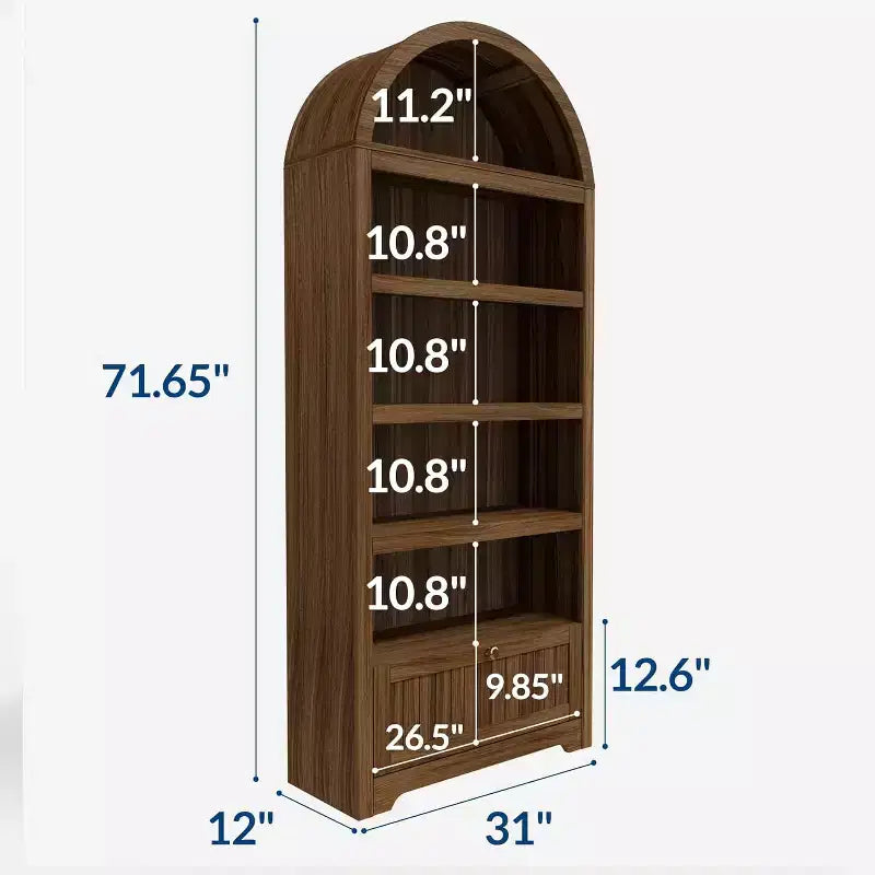 Étagère à livres cintrée de ferme de 71 pouces avec 6 niveaux, tiroir et armoire de rangement, bibliothèque moderne à affichage ouvert pour salon, bureau ou cuisine