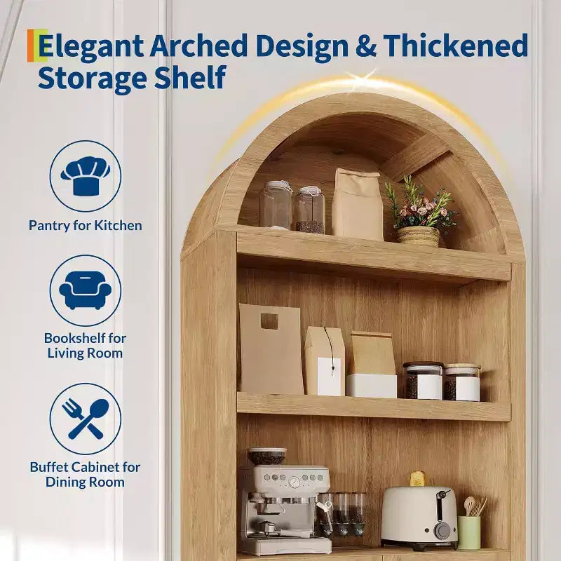 Étagère à livres cintrée de ferme de 71 pouces avec 6 niveaux, tiroir et armoire de rangement, bibliothèque moderne à affichage ouvert pour salon, bureau ou cuisine