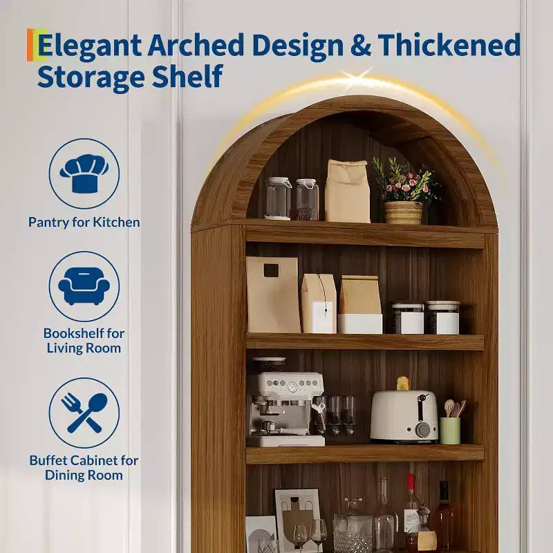 Étagère à livres cintrée de ferme de 71 pouces avec 6 niveaux, tiroir et armoire de rangement, bibliothèque moderne à affichage ouvert pour salon, bureau ou cuisine
