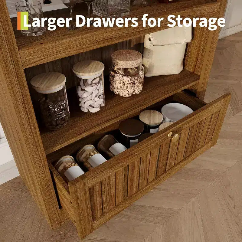 Étagère à livres cintrée de ferme de 71 pouces avec 6 niveaux, tiroir et armoire de rangement, bibliothèque moderne à affichage ouvert pour salon, bureau ou cuisine