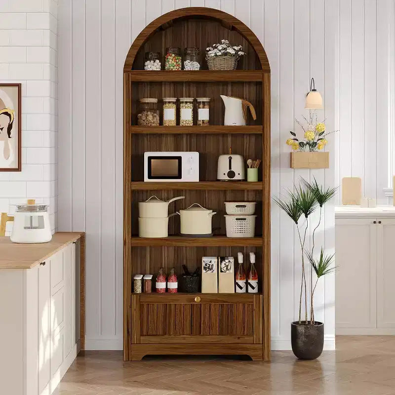 71 Tall Farmhouse Arched Bookshelf with 6 Tiers, Drawer, and Storage Cabinet, Modern Open Display Bookcase for Living Room, Office, or Kitchen