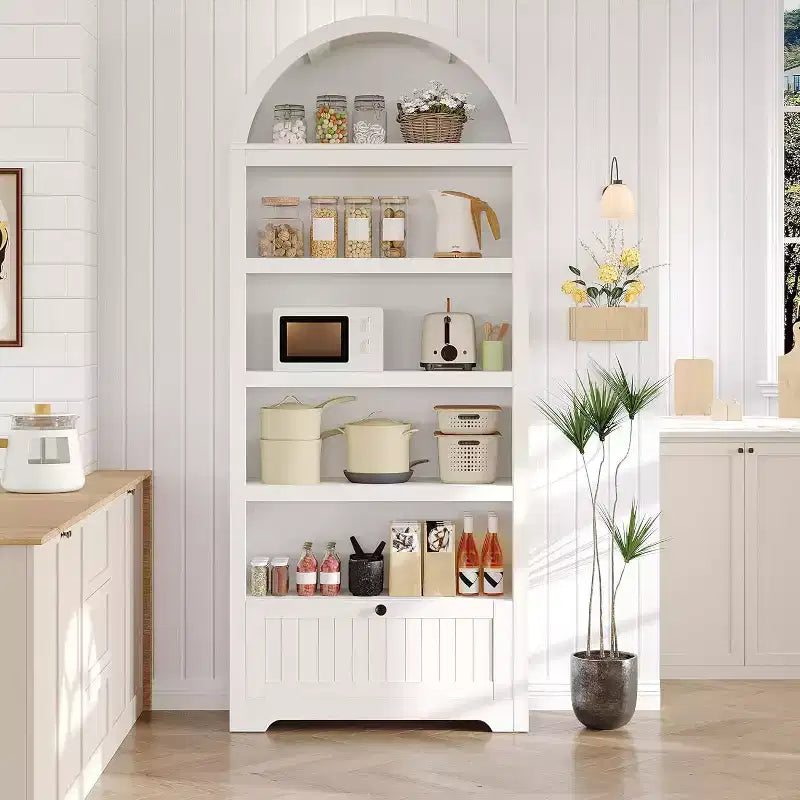Étagère à livres cintrée de ferme de 71 pouces avec 6 niveaux, tiroir et armoire de rangement, bibliothèque moderne à affichage ouvert pour salon, bureau ou cuisine