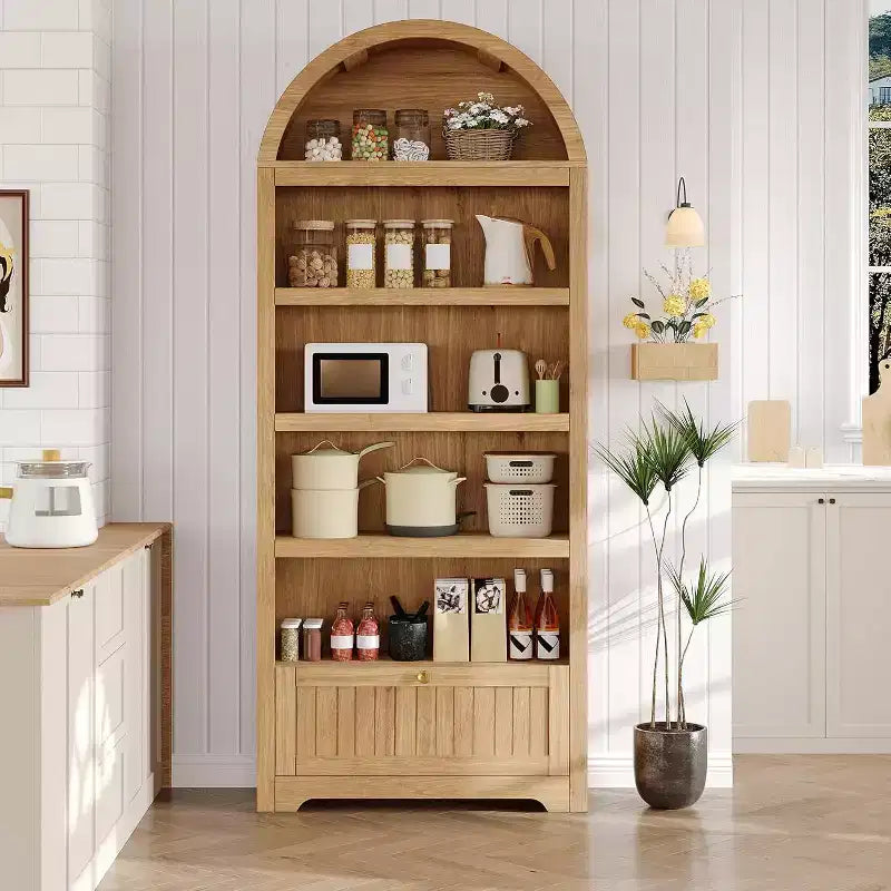 Étagère à livres cintrée de ferme de 71 pouces avec 6 niveaux, tiroir et armoire de rangement, bibliothèque moderne à affichage ouvert pour salon, bureau ou cuisine