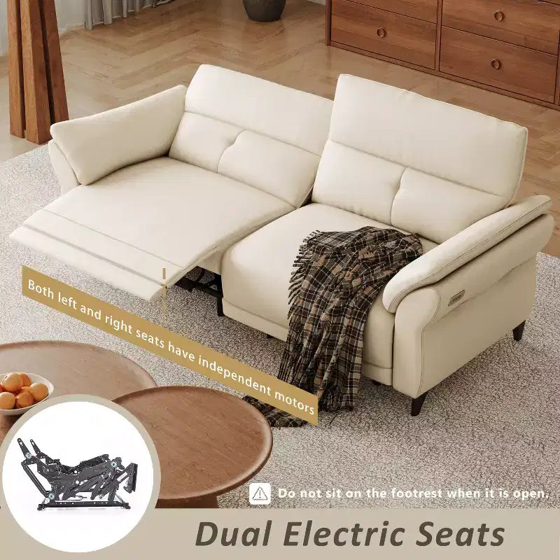 Canapé inclinable électrique en cuir pleine fleur avec double moteur, canapé sectionnel inclinable moderne blanc avec console et ports USB pour salon