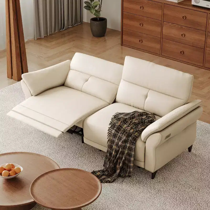 Canapé inclinable électrique en cuir pleine fleur avec double moteur, canapé sectionnel inclinable moderne blanc avec console et ports USB pour salon