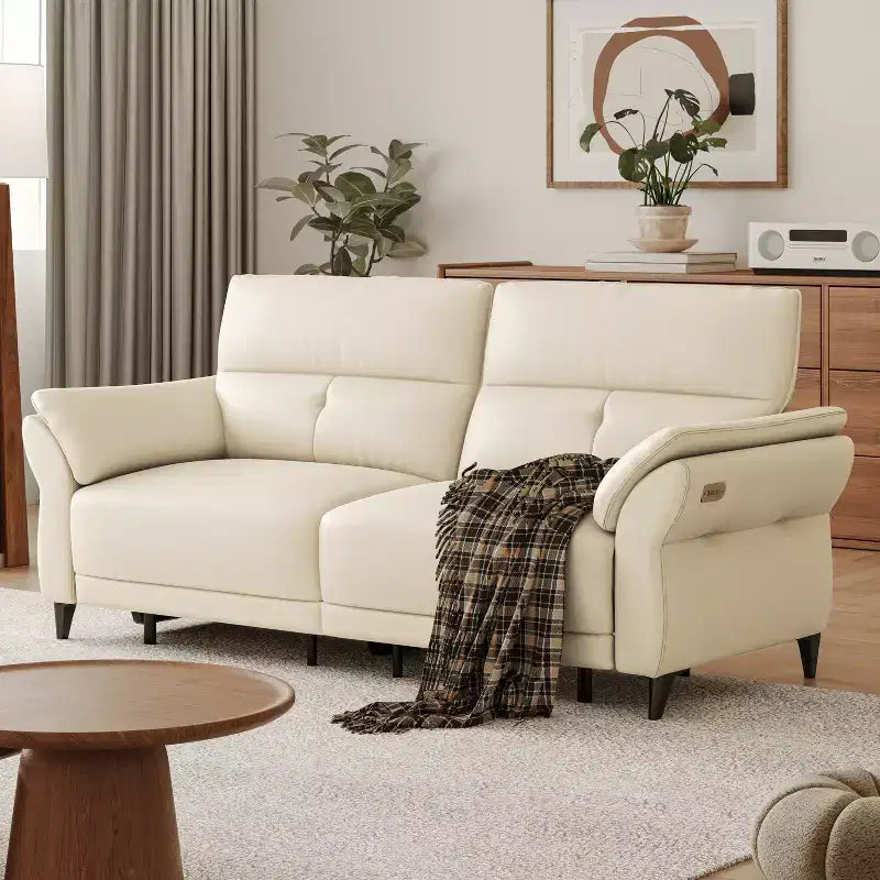 Canapé inclinable électrique en cuir pleine fleur avec double moteur, canapé sectionnel inclinable moderne blanc avec console et ports USB pour salon