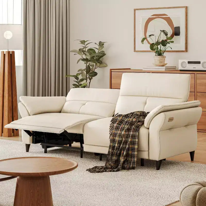 Canapé inclinable électrique en cuir pleine fleur avec double moteur, canapé sectionnel inclinable moderne blanc avec console et ports USB pour salon