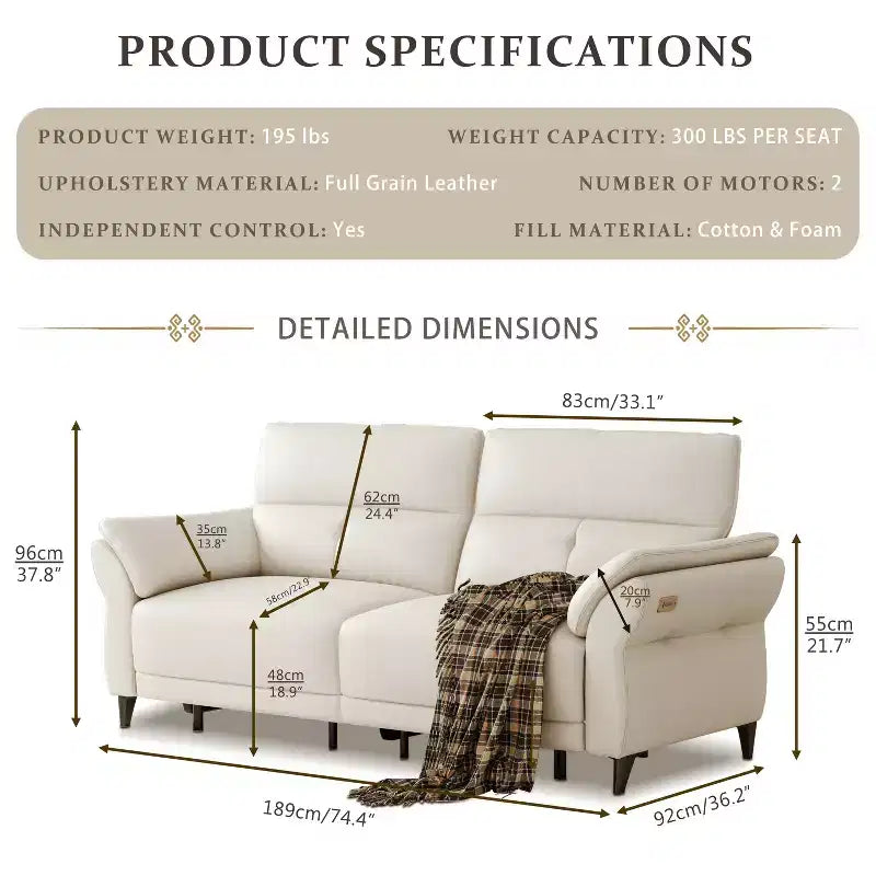 Canapé inclinable électrique en cuir pleine fleur avec double moteur, canapé sectionnel inclinable moderne blanc avec console et ports USB pour salon