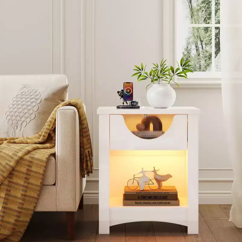 Bestier Night Stand with Charging Station, LED Modern End Table Bedside Table with Drawer for Bedroom & Living Room, Bright White