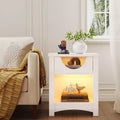 Bestier Night Stand with Charging Station, LED Modern End Table Bedside Table with Drawer for Bedroom & Living Room, Bright White