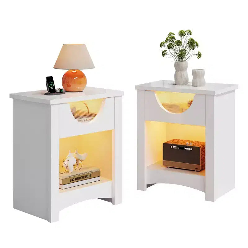 Table de nuit avec station de recharge, table d'appoint moderne à LED avec tiroir pour chambre et salon, blanc lumineux