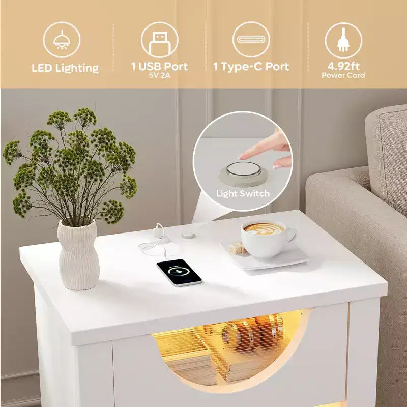 Table de nuit avec station de recharge, table d'appoint moderne à LED avec tiroir pour chambre et salon, blanc lumineux