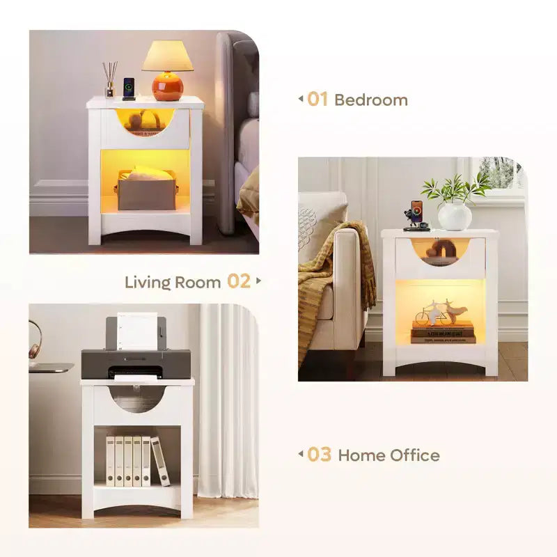 Table de nuit avec station de recharge, table d'appoint moderne à LED avec tiroir pour chambre et salon, blanc lumineux
