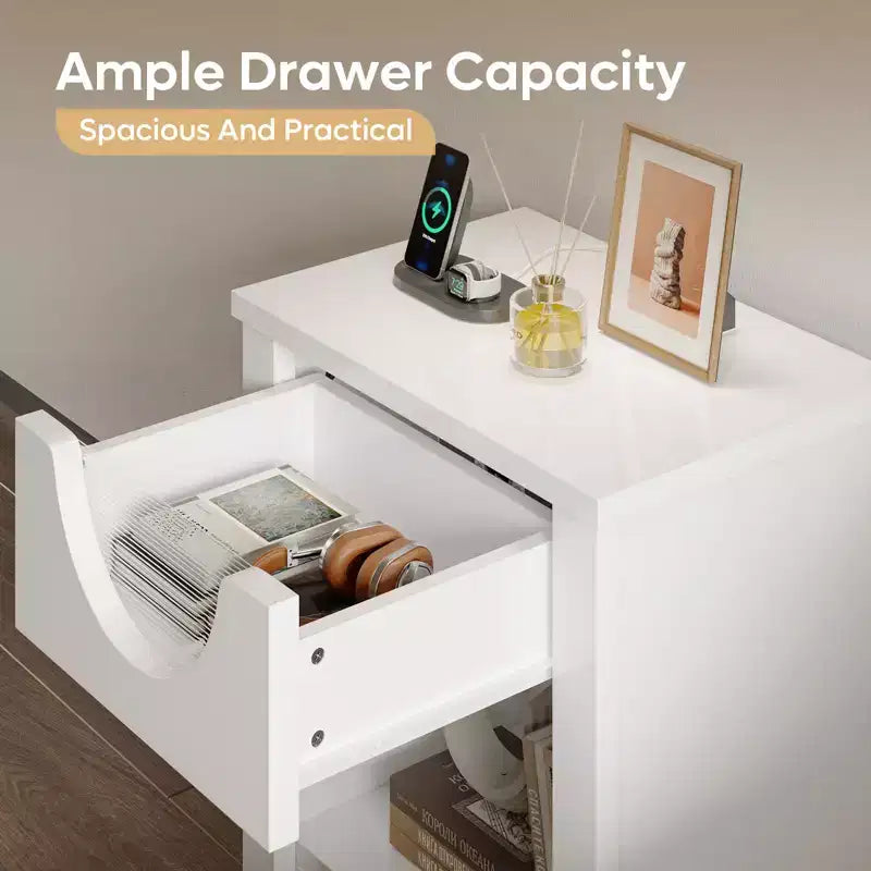 Table de nuit avec station de recharge, table d'appoint moderne à LED avec tiroir pour chambre et salon, blanc lumineux