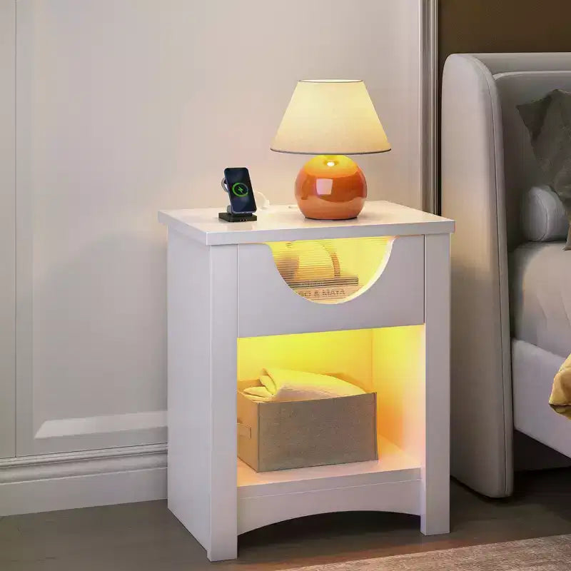 Table de nuit avec station de recharge, table d'appoint moderne à LED avec tiroir pour chambre et salon, blanc lumineux