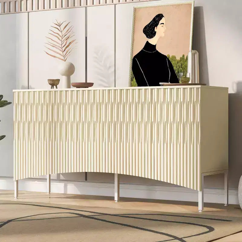 Buffet sophistiqué, meuble de rangement avec 4 portes linéaires complexes, meuble de bar à café pour salle à manger, salon, entrée