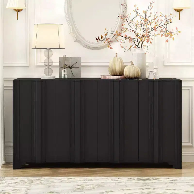 Buffet sophistiqué, meuble de rangement avec 4 portes linéaires complexes, meuble de bar à café pour salle à manger, salon, entrée