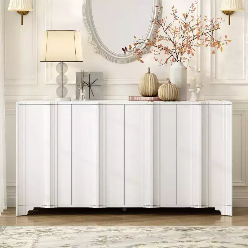 Okak Sophisticated Sideboard Buffet, Storage Cabinet with 4 Intricate Linear Doors, Coffee Bar Cabinet for Dining Room Living Room Entranway