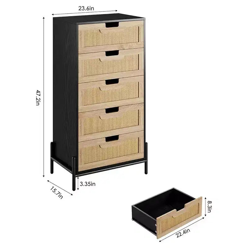 Commode à 5 tiroirs en rotin naturel, commode en bois, meuble de rangement de style ferme avec pieds en métal, commode moderne pour chambre à coucher, salon