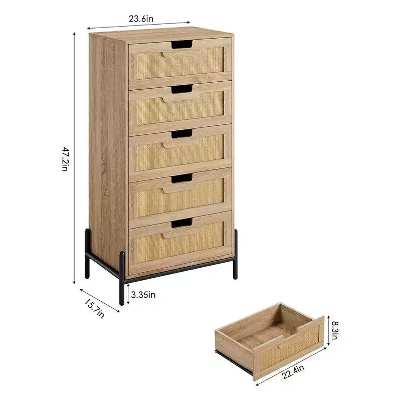Commode à 5 tiroirs en rotin naturel, commode en bois, meuble de rangement de style ferme avec pieds en métal, commode moderne pour chambre à coucher, salon
