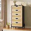 Natural Rattan 5 Drawer Dresser, Wooden Chest of Drawer, Farmhouse Storage Cabinet with Metal Legs, Modern Dresser for Bedroom, Living Room