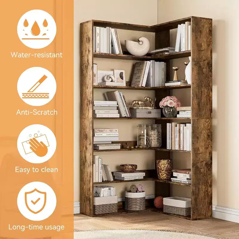 Étagère d'angle, Grande bibliothèque d'angle, Bibliothèque haute à 6 niveaux avec déflecteurs, Étagère à livres en forme de L, Étagères de rangement industrielles pour salon