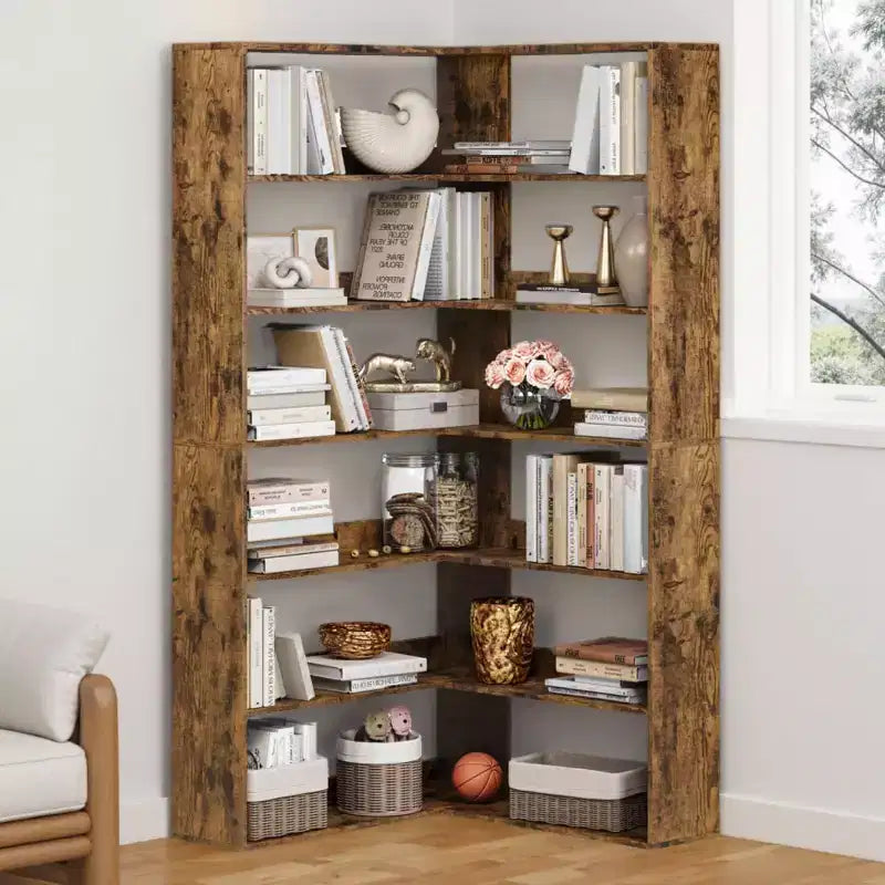 Corner Bookshelf, Large Corner Bookcase, 6 Tier Tall Bookshelf w/Baffles, L Shaped Book Shelf Industrial Etagere Book Shelves for Living Room