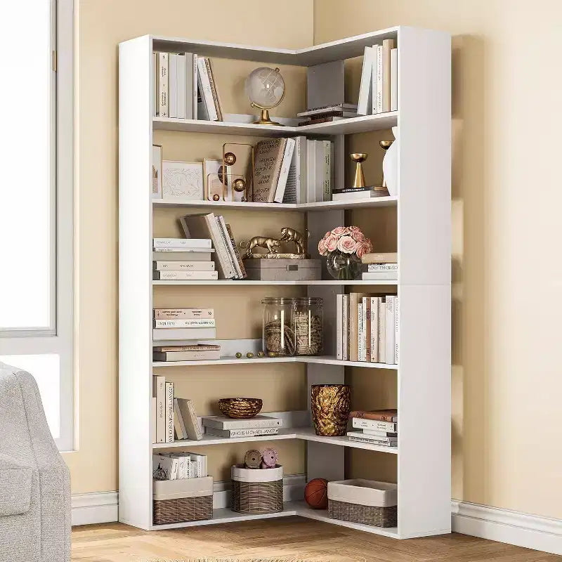 Étagère d'angle, Grande bibliothèque d'angle, Bibliothèque haute à 6 niveaux avec déflecteurs, Étagère à livres en forme de L, Étagères de rangement industrielles pour salon