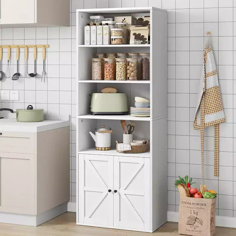 Farmhouse Style White Wood Bookcase with Doors - 4 Shelves, 11.8 Depth, 71.4 Height - for Living Room, Bedroom or Home Office Storage