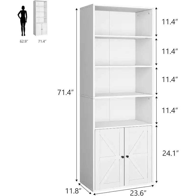 Étagère de style campagnard en bois blanc avec portes - 4 étagères, 30 cm de profondeur, 181 cm de hauteur - pour salon, chambre ou bureau